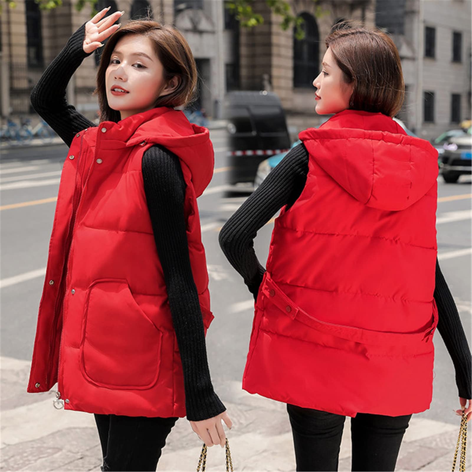 Amazon.co.jp: 女性のノースリーブのダウンベストフード付き冬の暖かい